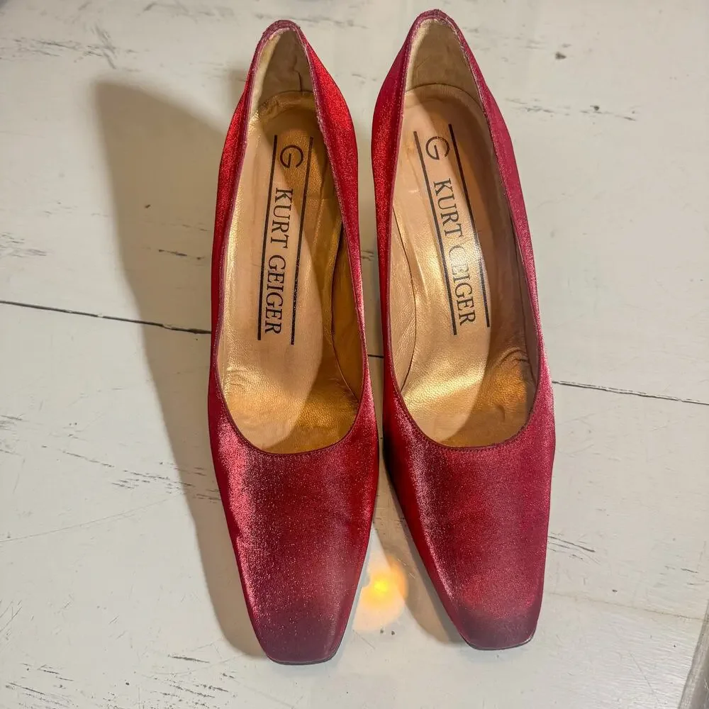 Kurt Geiger Red Shimmer Square Toe Block Heel Pumps Metallic Holiday Party 9.5